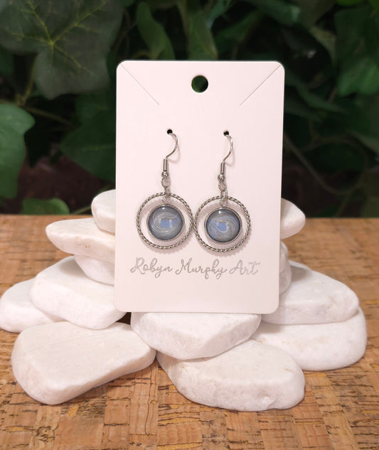 Hoop and Pendant Dangle Earrings / Stainless Steel / Blue / Gray