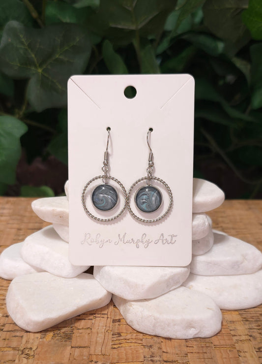 Hoop and Pendant Dangle Earrings / Stainless Steel / Turquoise / Gray