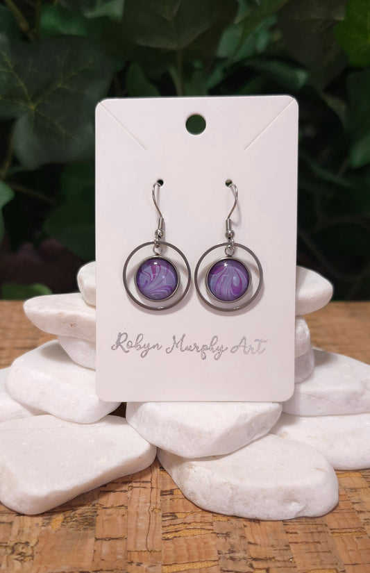Hoop and Pendant Dangle Earrings / Stainless Steel / Purple