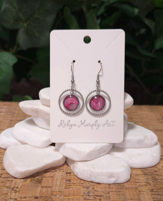 Hoop and Pendant Dangle Earrings / Stainless Steel / Pink