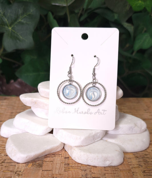 Hoop and Pendant Dangle Earrings / Stainless Steel / Blue / Pearl