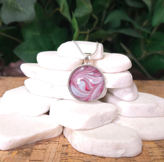 Silver Plated Round Pendant Necklace Pink and Blue