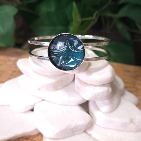 Silver plated Bangle Bracelet with Hand Painted Bezel in Dark Turquoise