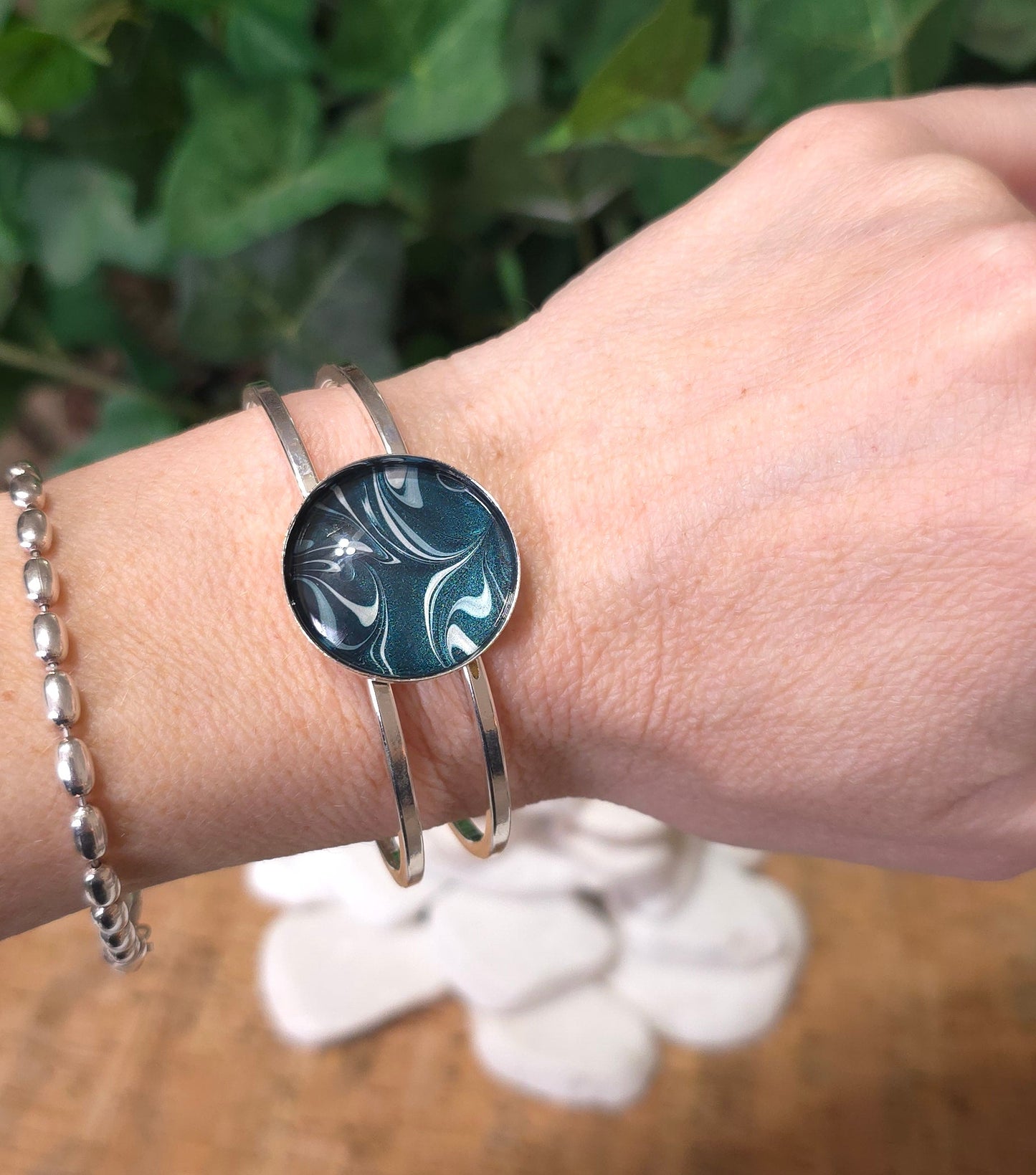 Silver plated Bangle Bracelet with Hand Painted Bezel in Dark Turquoise