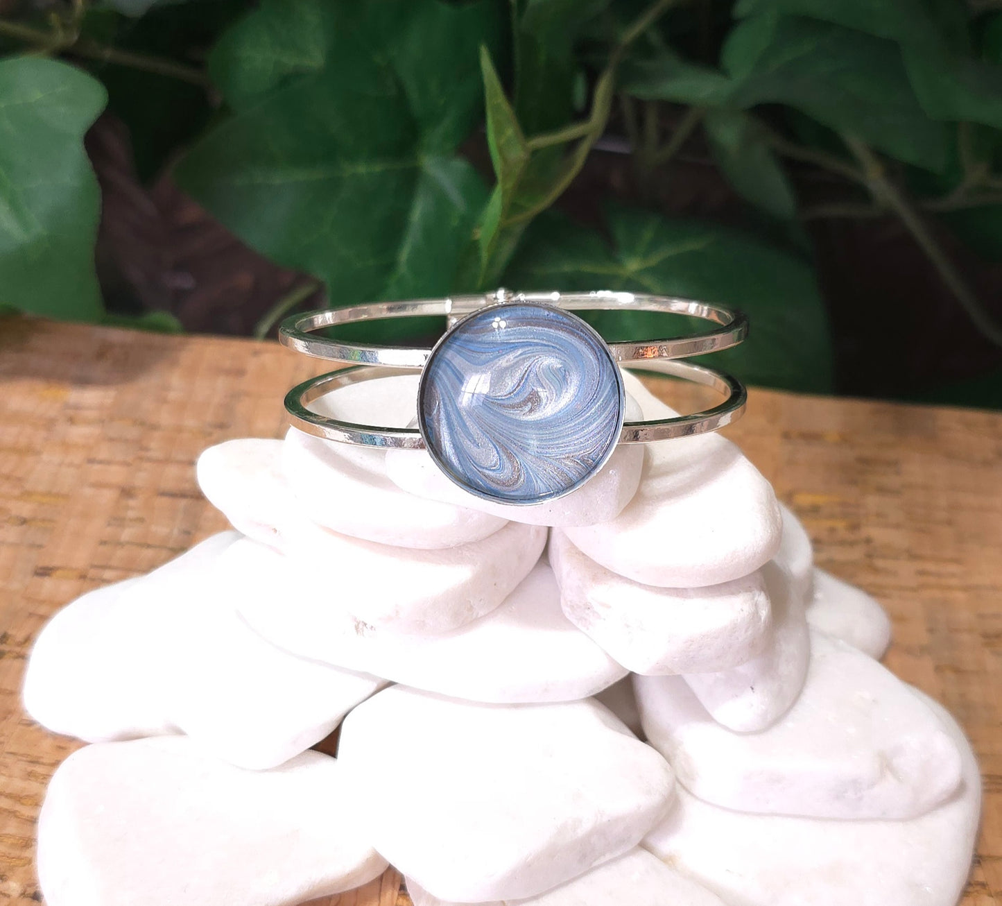 Silver Plated Bangle Bracelet with Hand Painted Bezel