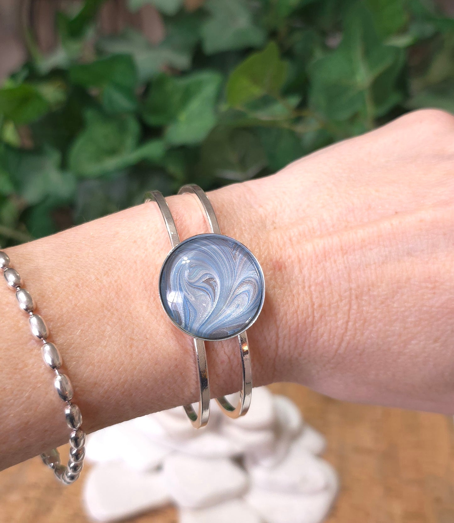 Silver Plated Bangle Bracelet with Hand Painted Bezel