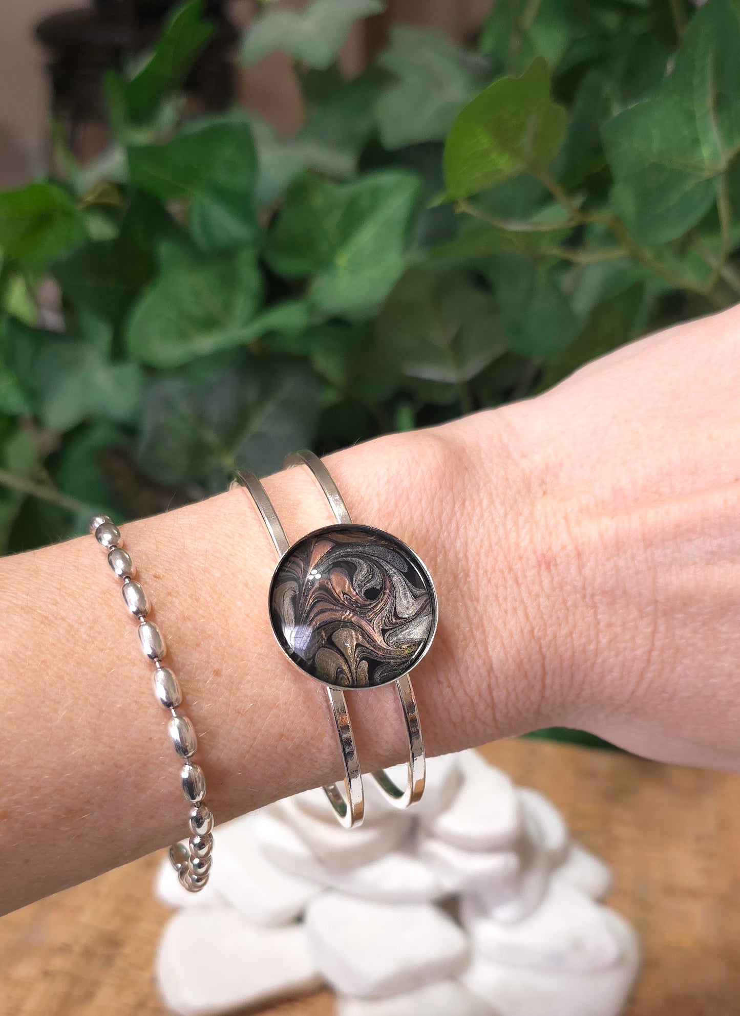 Silver plated Bangle Bracelet with Hand Painted Bezel