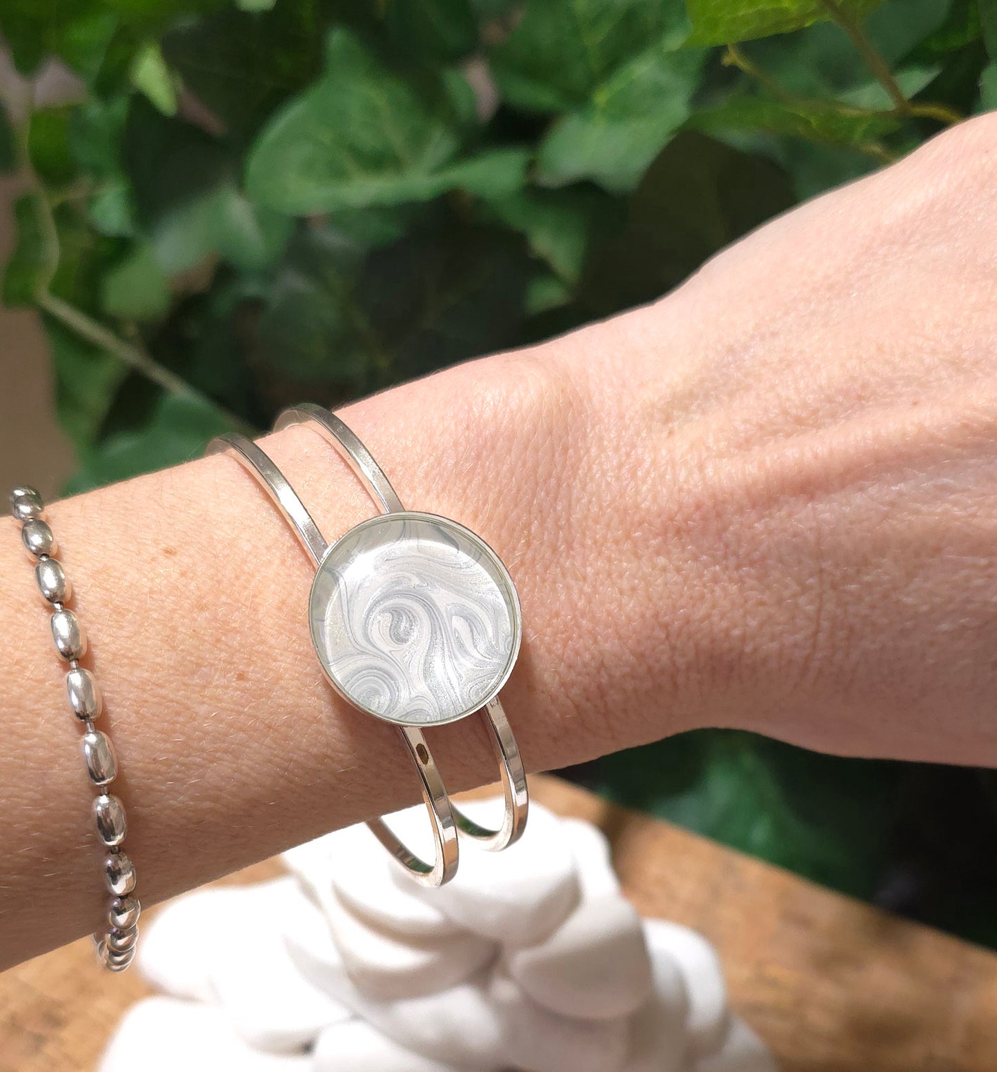 Silver Plated Bangle Bracelet with Hand Painted Bezel