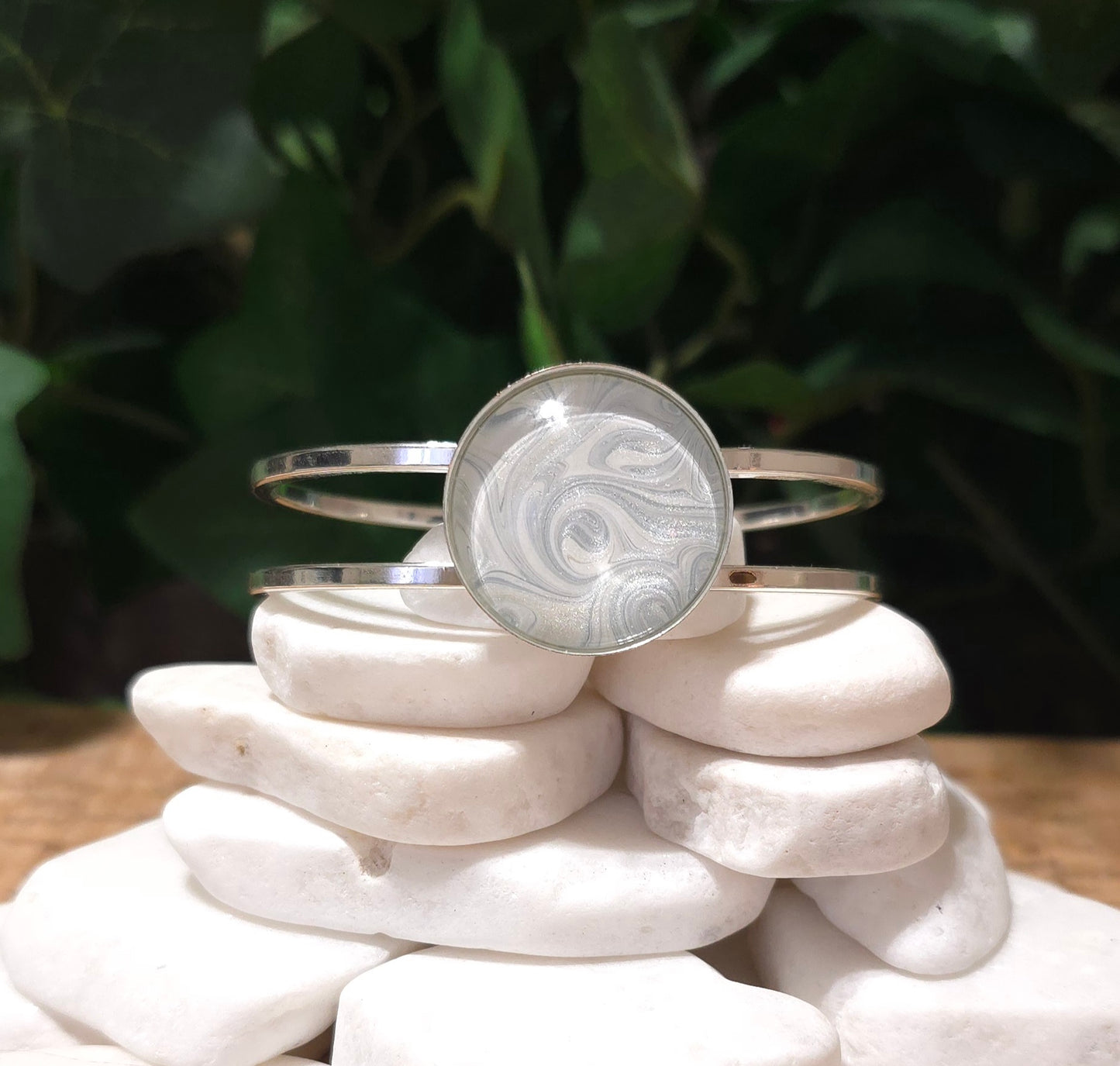 Silver Plated Bangle Bracelet with Hand Painted Bezel