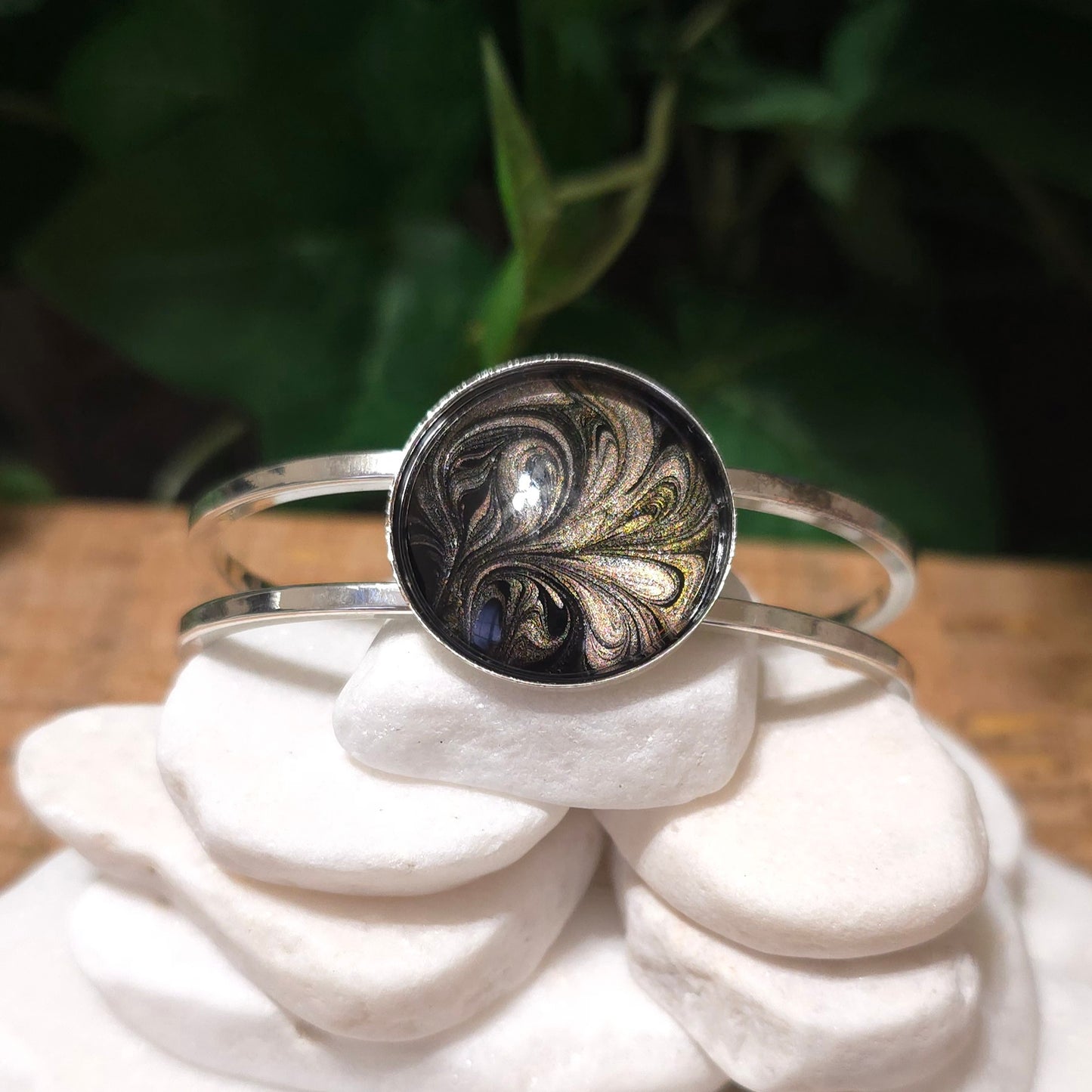 Silver plated Bangle Bracelet with Hand Painted Bezel