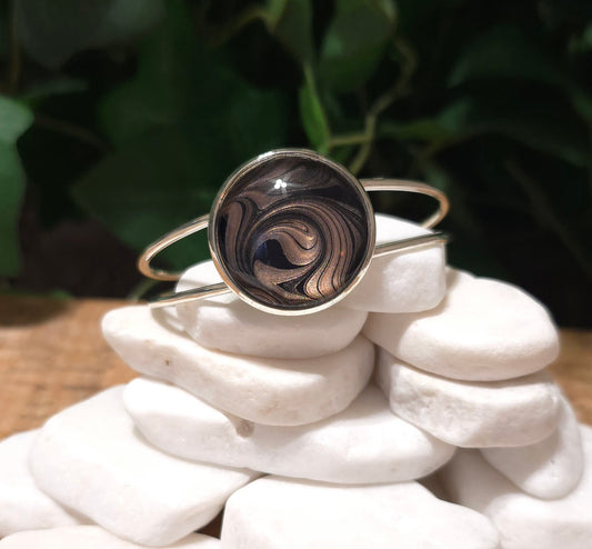 Silver plated Adjustable Bangle Bracelet with Rose Gold and Black Bezel