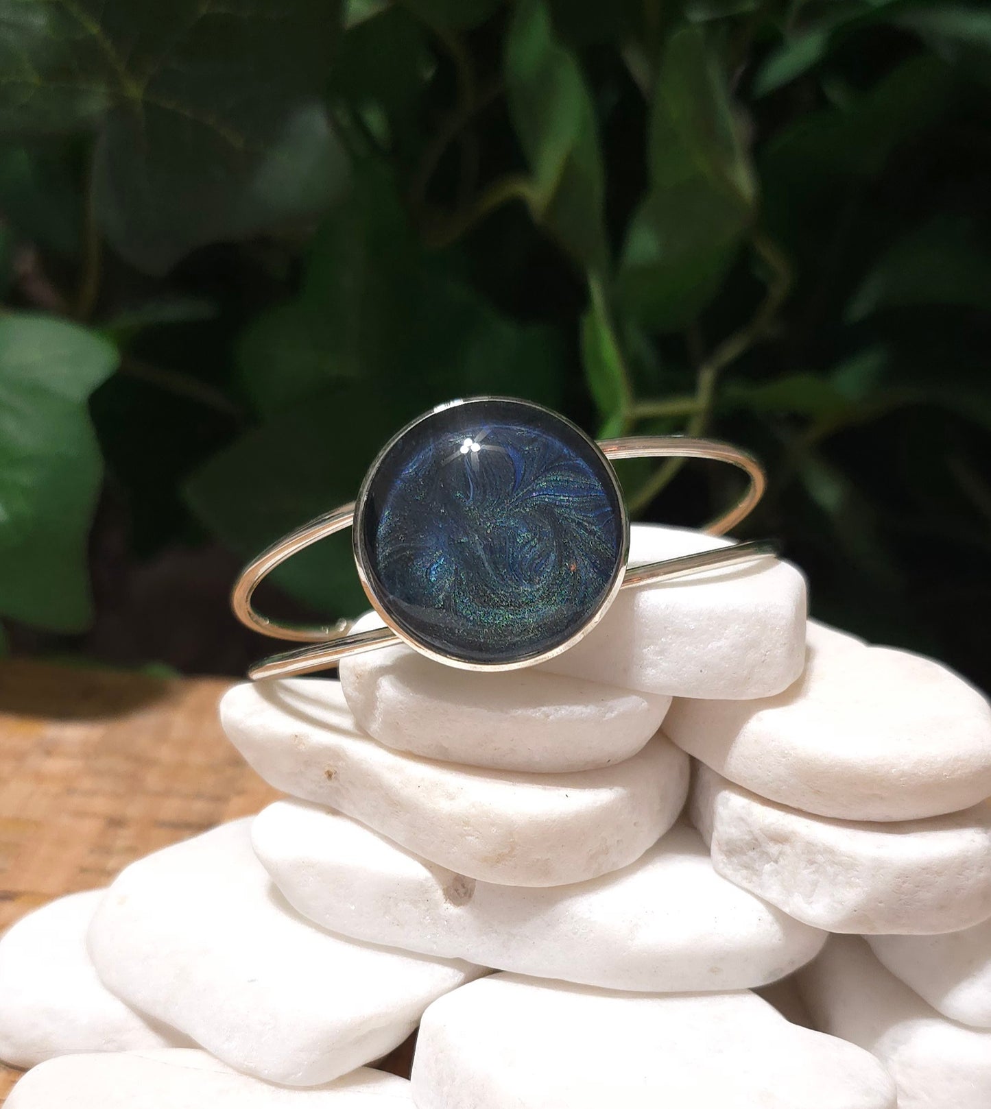 Silver plated Adjustable Bangle Bracelet with Emerald Green and Turquoise Bezel