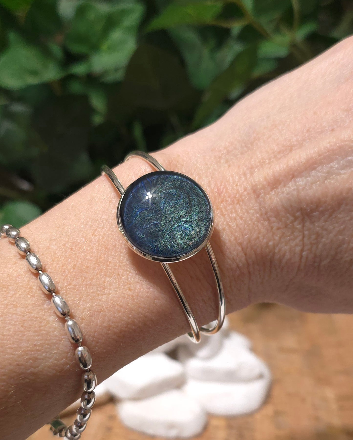 Silver plated Adjustable Bangle Bracelet with Emerald Green and Turquoise Bezel