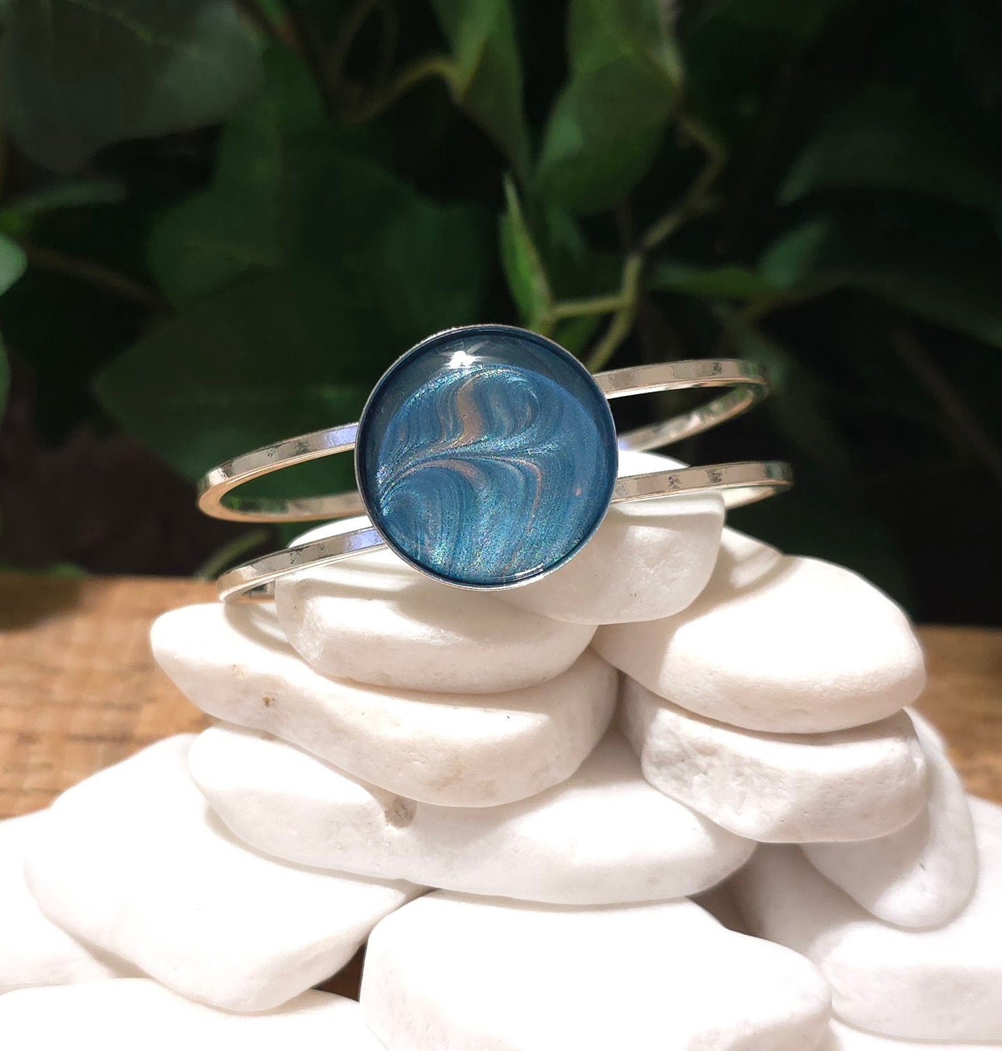 Silver plated Bangle Bracelet with Hand Painted Bezel