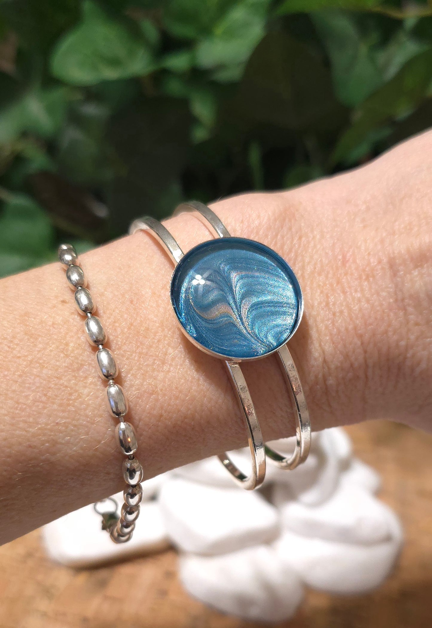Silver plated Bangle Bracelet with Hand Painted Bezel