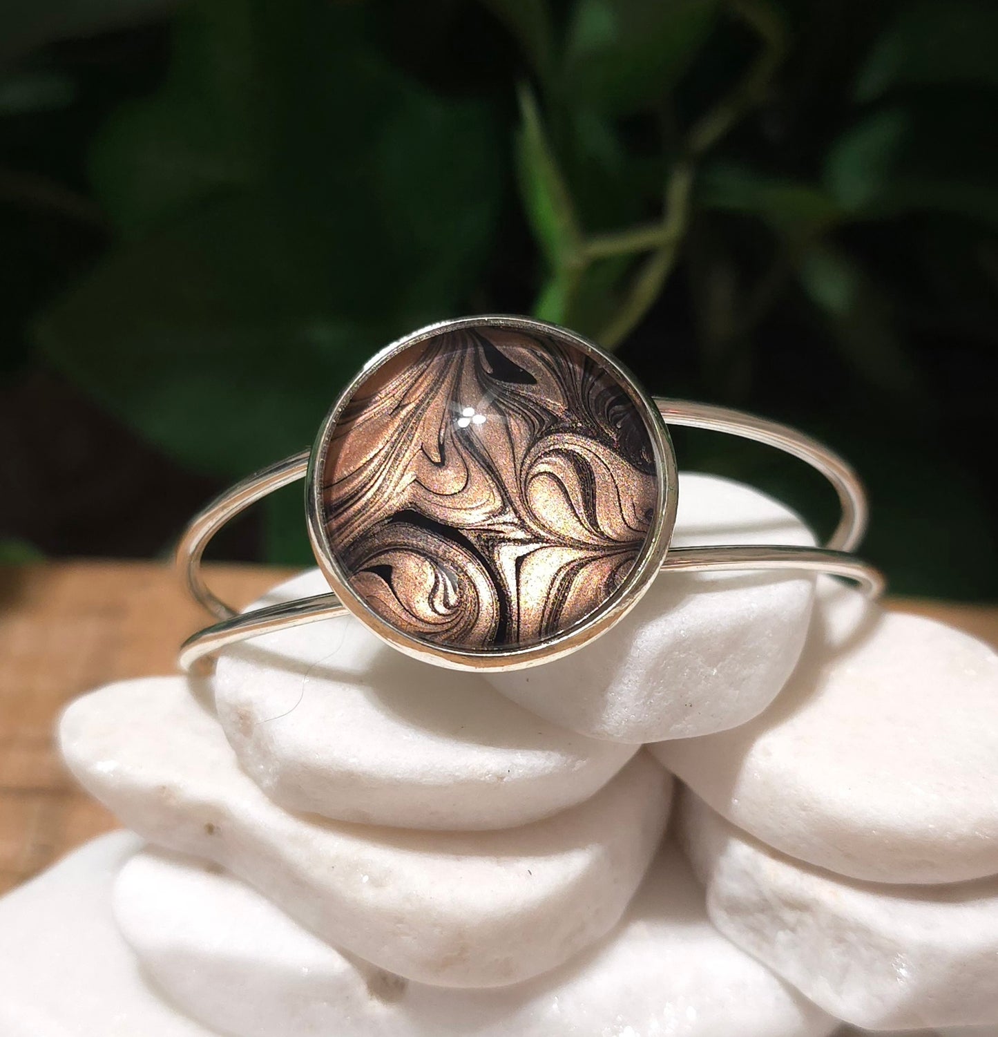 Silver plated Adjustable Bangle Bracelet with Rose Gold and Black Bezel