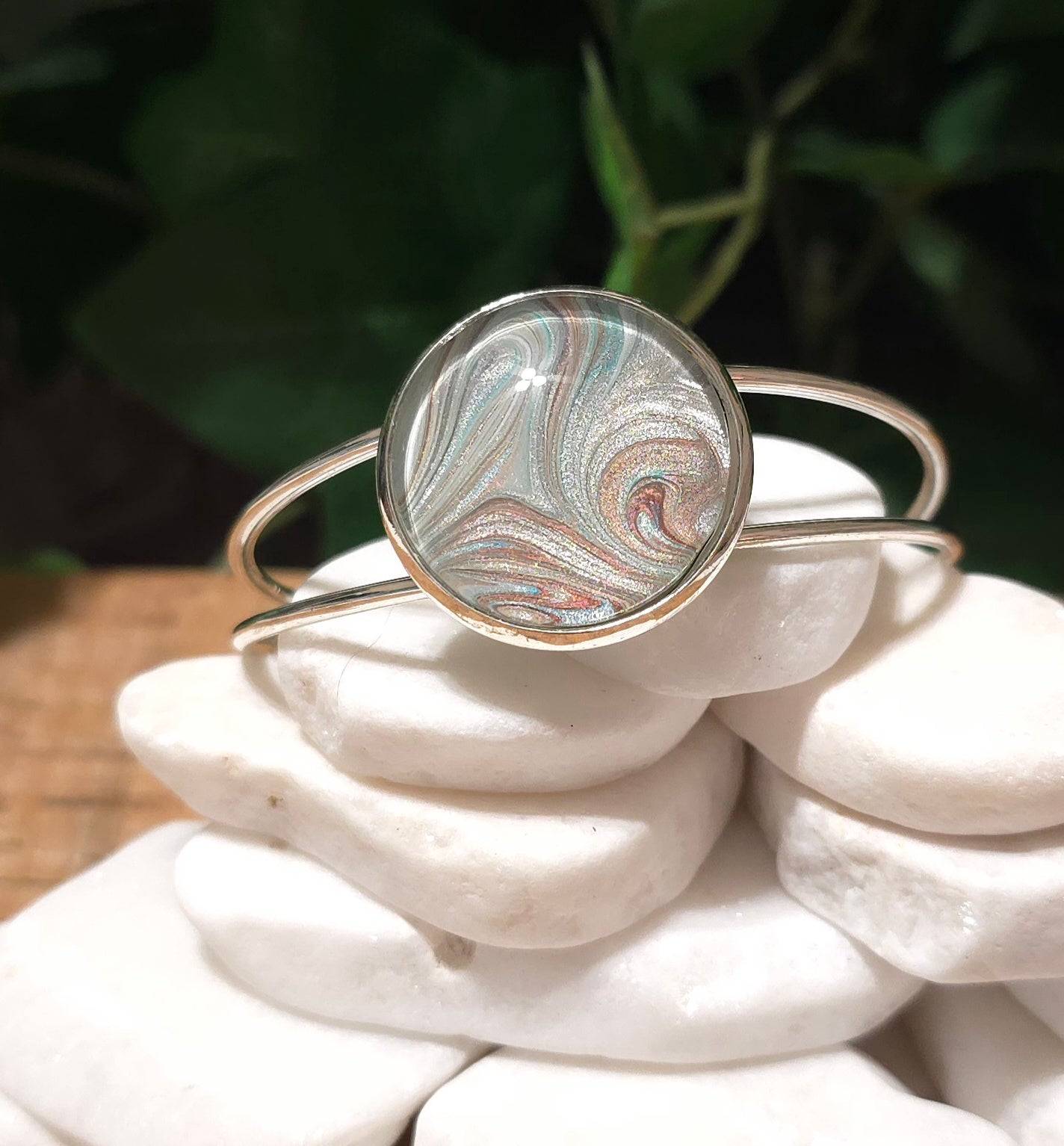 Silver plated Adjustable Bangle Bracelet with Hand Painted Bezel