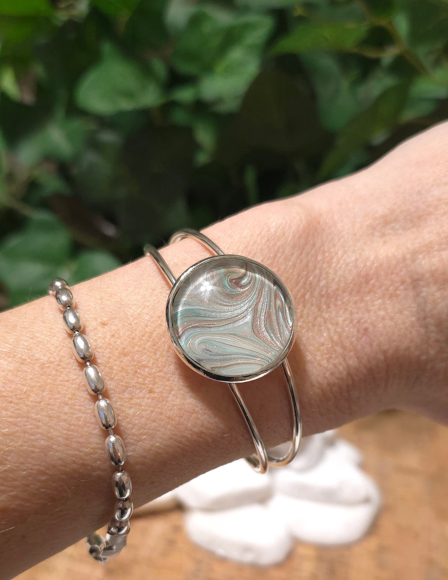 Silver plated Adjustable Bangle Bracelet with Hand Painted Bezel