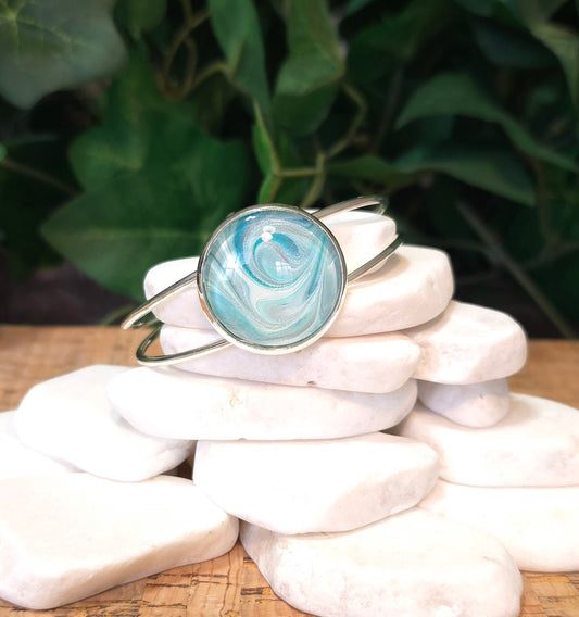 Silver Plated Adjustable Bangle Bracelet with Hand Painted Bezel