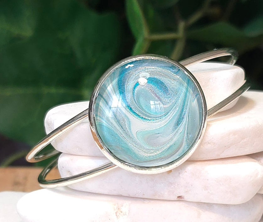 Silver Plated Adjustable Bangle Bracelet with Hand Painted Bezel