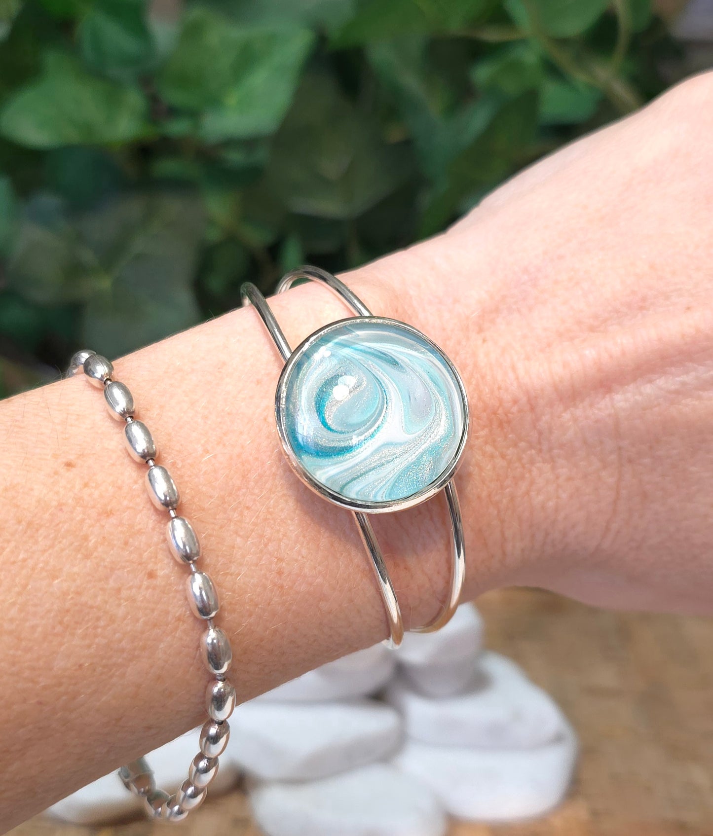 Silver Plated Adjustable Bangle Bracelet with Hand Painted Bezel