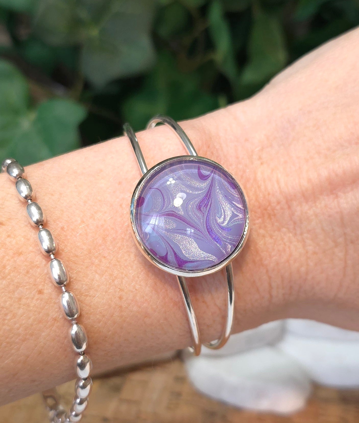Silver Plated Adjustable Bangle Bracelet with Hand Painted Bezel in Purple