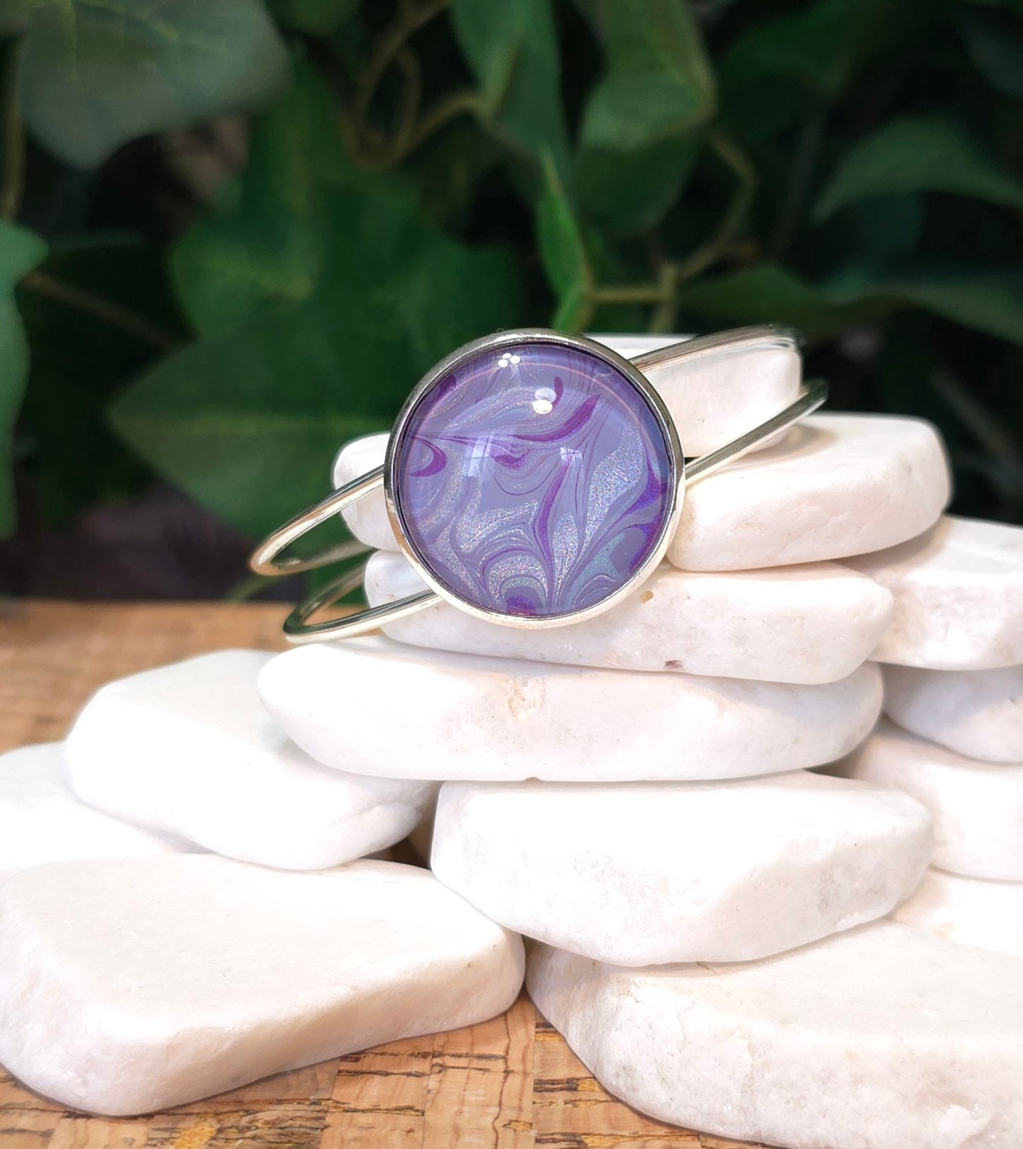 Silver Plated Adjustable Bangle Bracelet with Hand Painted Bezel in Purple