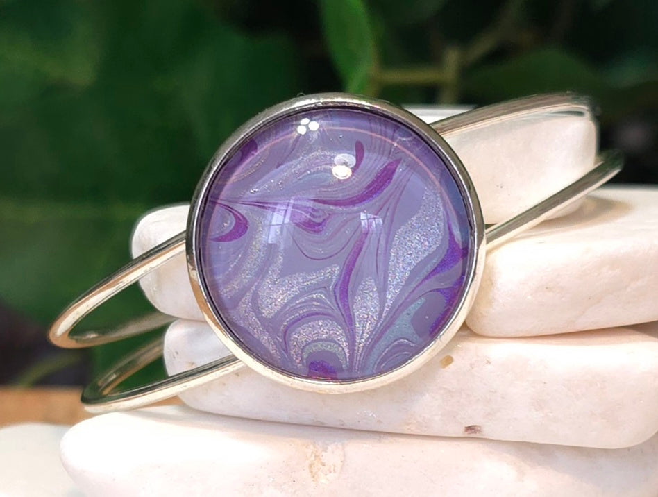 Silver Plated Adjustable Bangle Bracelet with Hand Painted Bezel in Purple