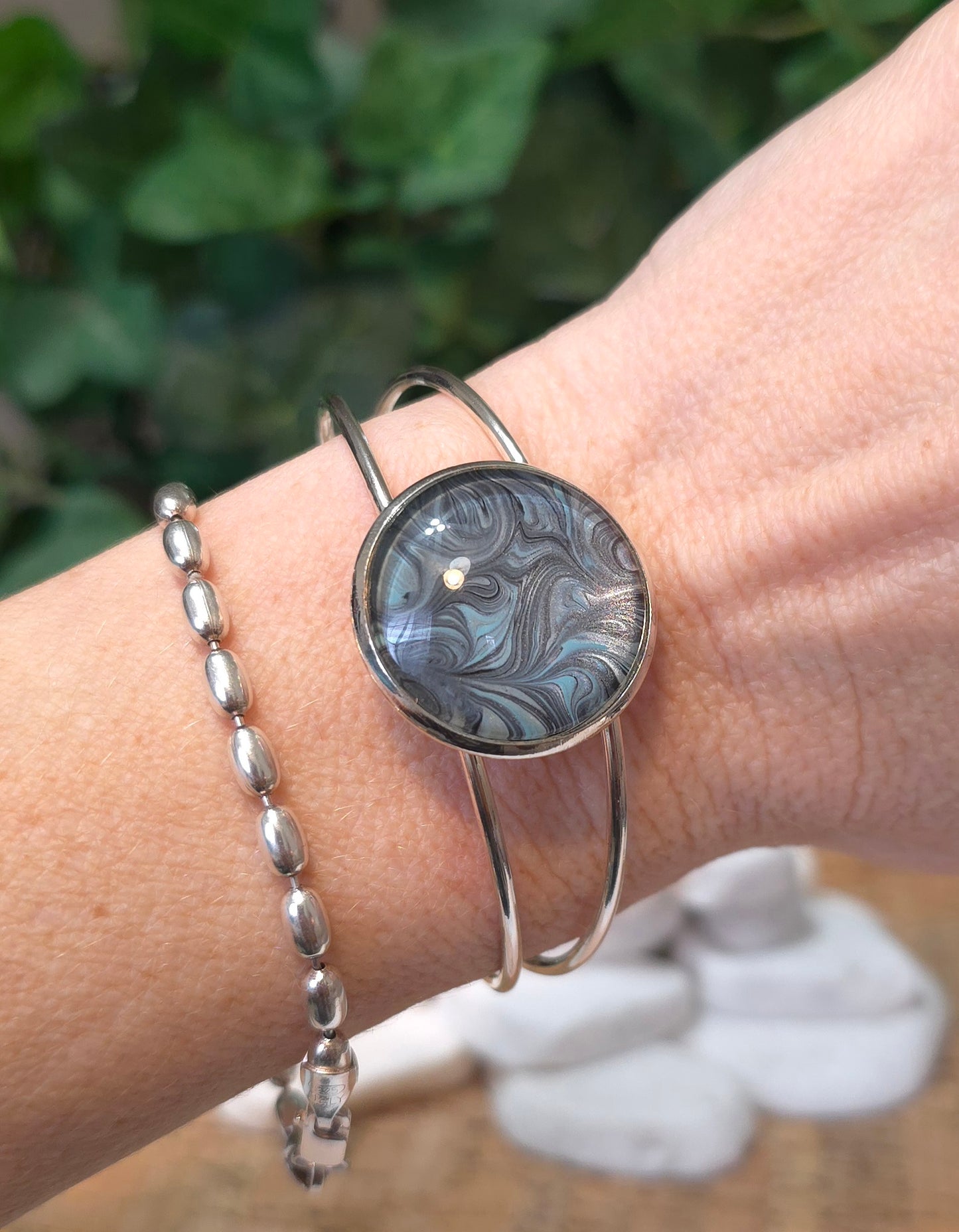 Silver Plated Adjustable Bangle Bracelet with Hand Painted Bezel