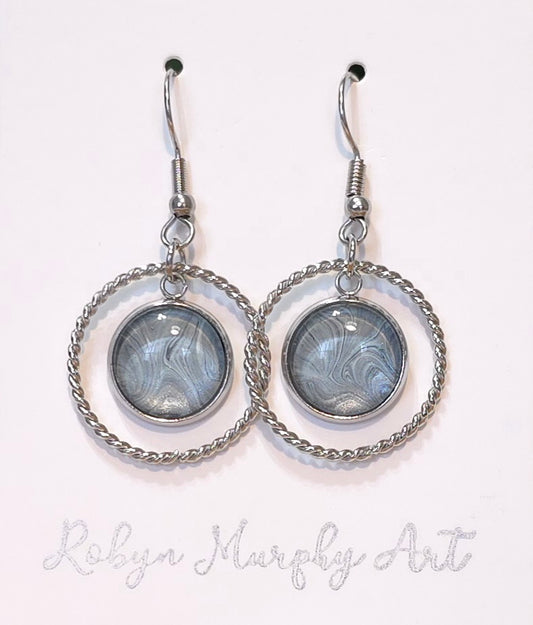 Hoop and Pendant Dangle Earrings / Stainless Steel / Blue / Gray