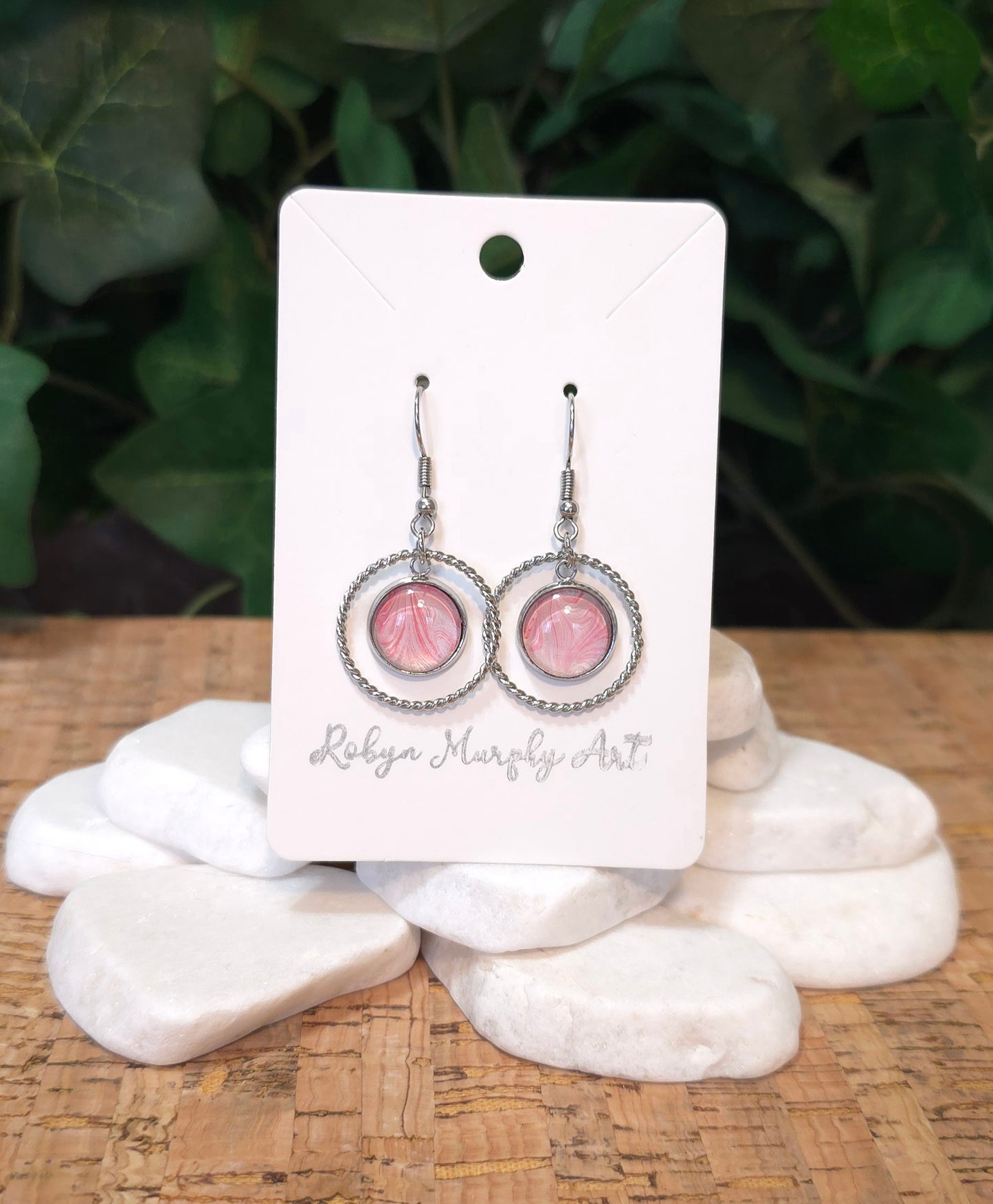 Hoop and Pendant Dangle Earrings / Stainless Steel / Pink