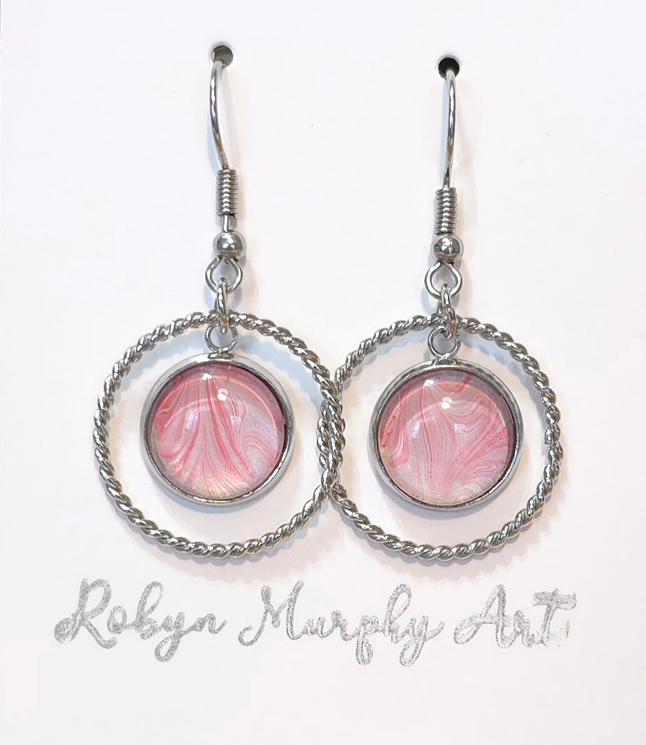 Hoop and Pendant Dangle Earrings / Stainless Steel / Pink