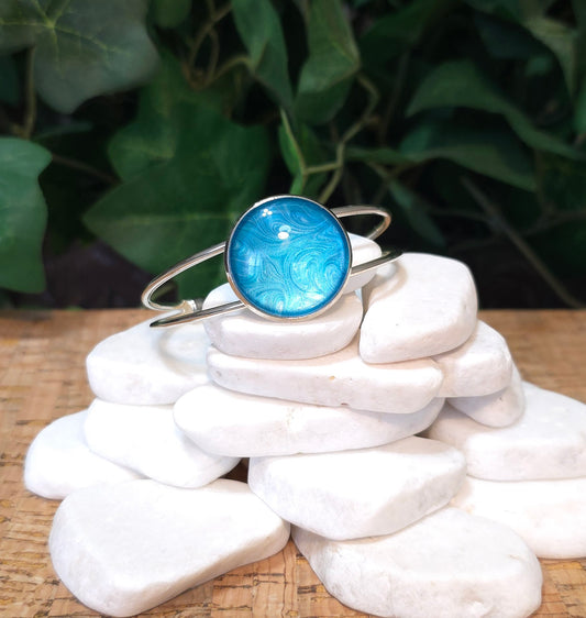 Silver Plated Bangle Bracelet with Hand Painted Bezel in Turquoise