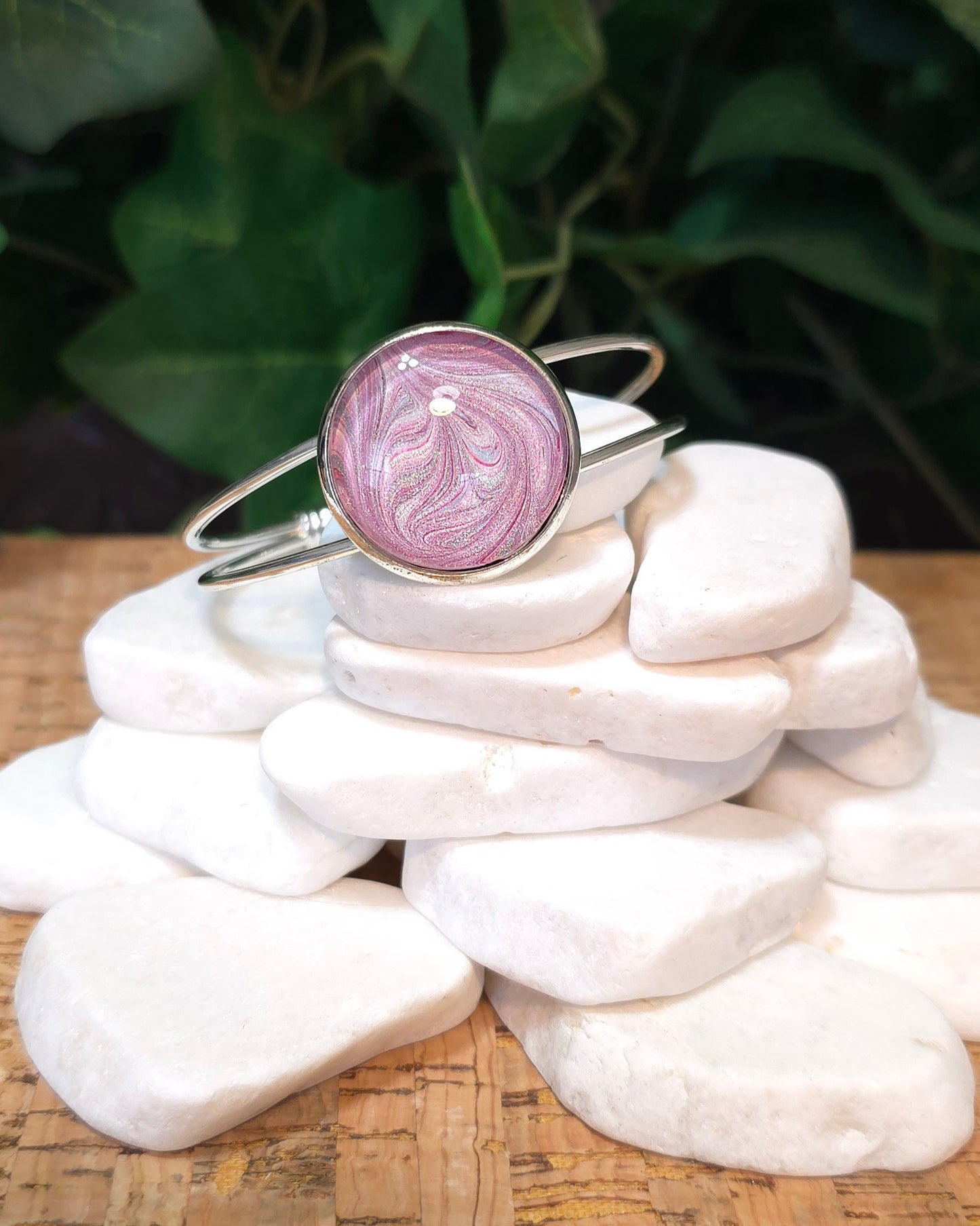 Silver Plated Adjustable Bangle Bracelet with Hand Painted Bezel in Pink