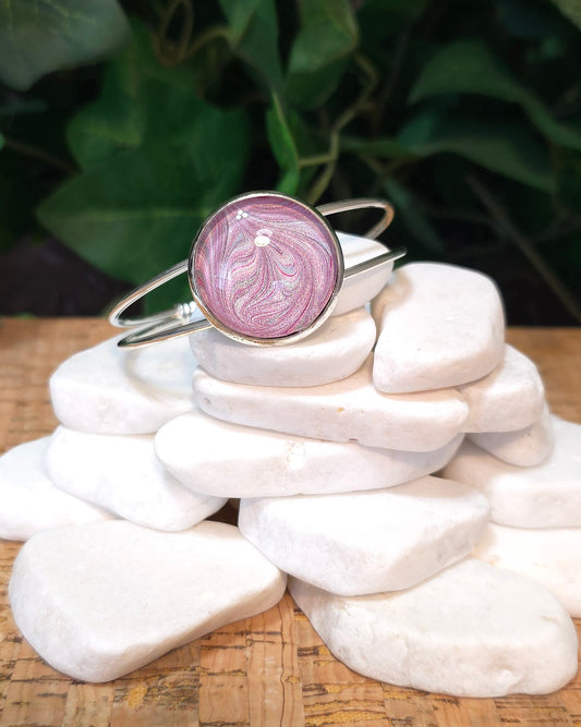 Silver Plated Adjustable Bangle Bracelet with Hand Painted Bezel in Pink