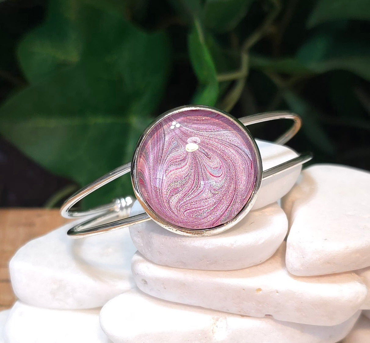 Silver Plated Adjustable Bangle Bracelet with Hand Painted Bezel in Pink