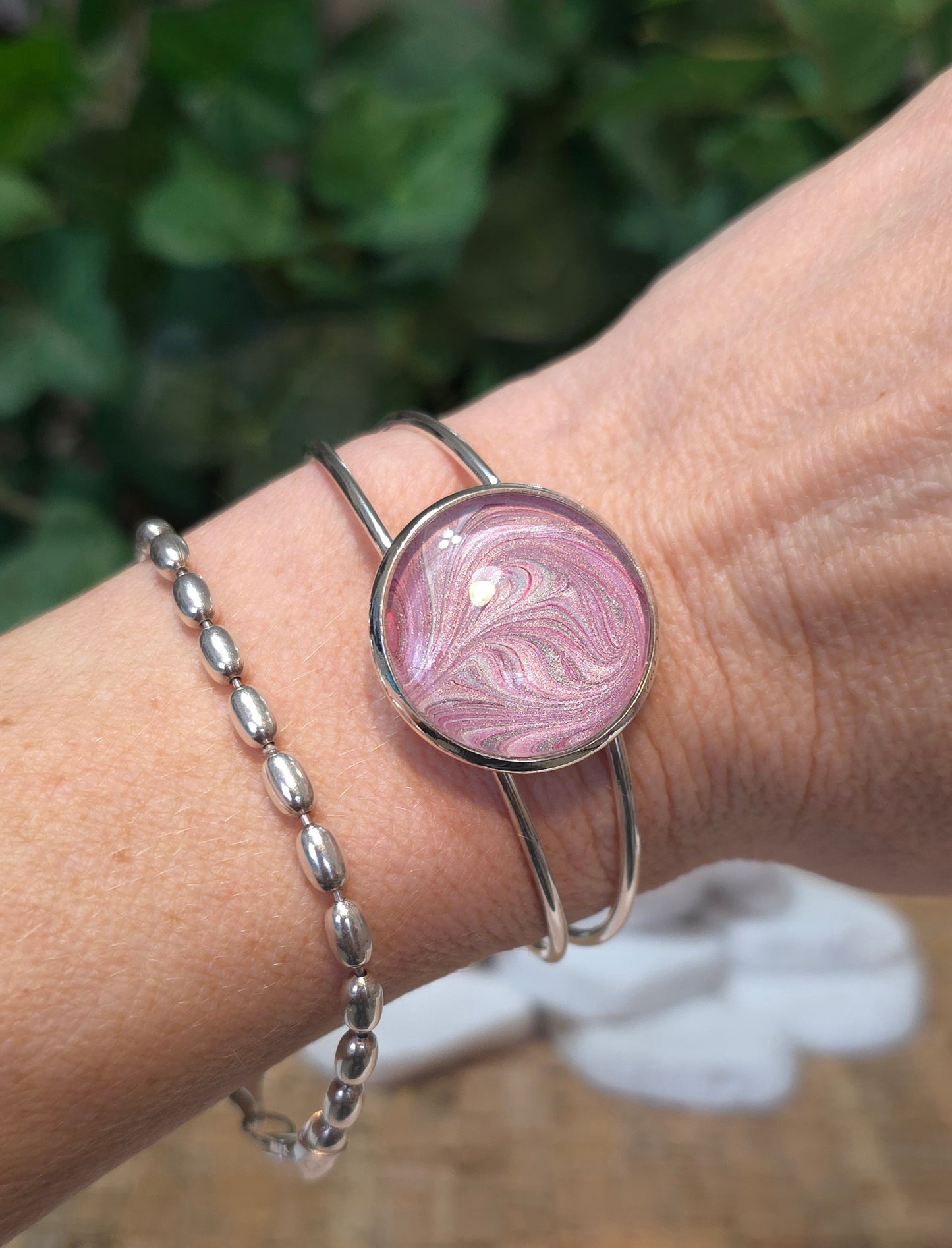 Silver Plated Adjustable Bangle Bracelet with Hand Painted Bezel in Pink