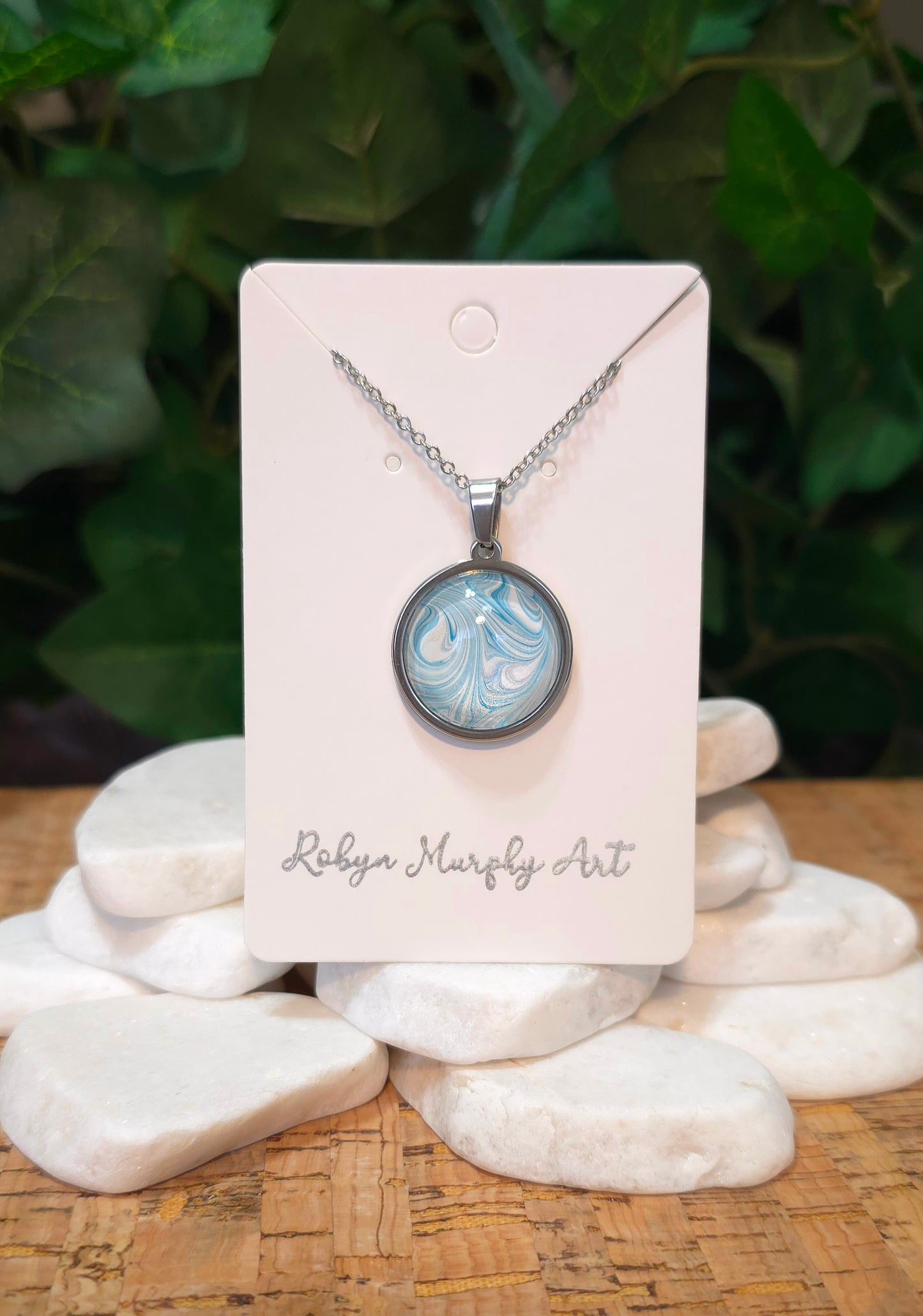 Stainless Steel Round Pendant Necklace in Blue and Pearl