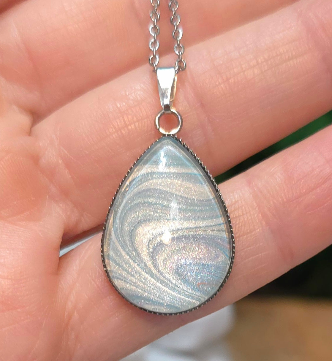 Stainless Steel Teardrop Pendant Necklace in Blue and Pearl