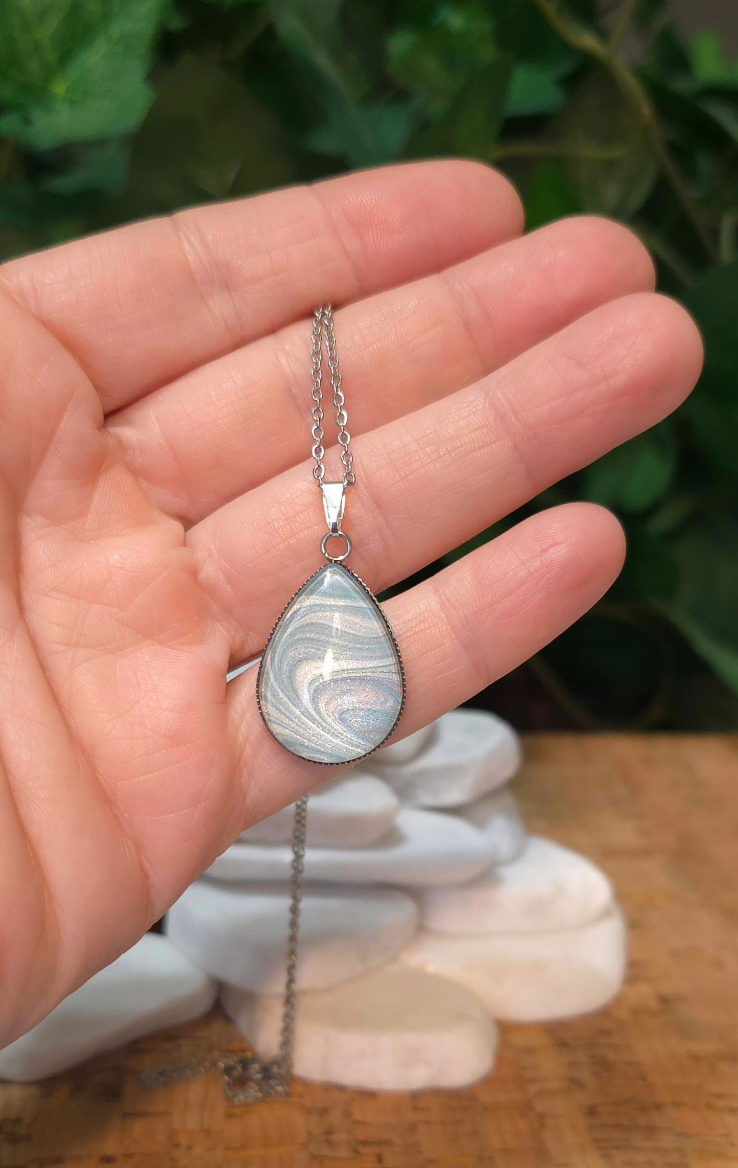 Stainless Steel Teardrop Pendant Necklace in Blue and Pearl