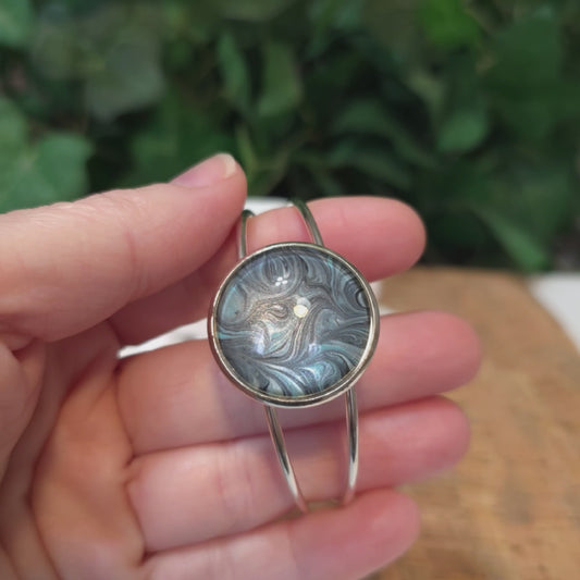 Silver Plated Adjustable Bangle Bracelet with Hand Painted Bezel